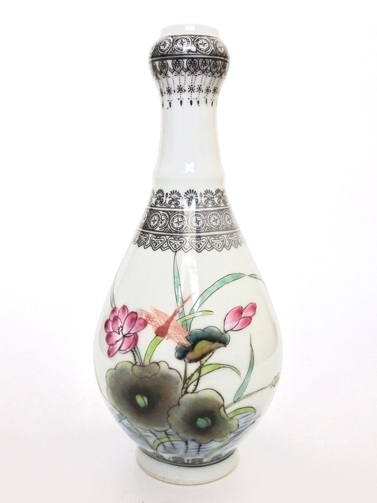Vintage libelle insect bloemen vaas gekleurd porselein wit, Ophalen