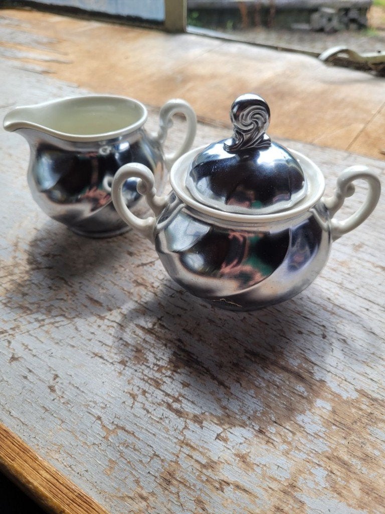 Vintage melk en suiker setje zilver/wit porselein, Huis en Inrichting, Overige typen, Ophalen of Verzenden, Zo goed als nieuw
