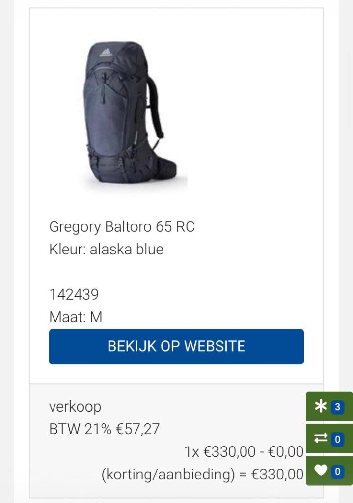 Gregory BaltoroTrekking rugtas 65 liter, Overige merken, 40 cm of meer, Ophalen of Verzenden, Zo goed als nieuw