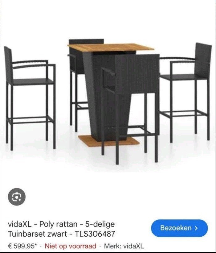 Mooie 5-delige tuinbarset van Via XL - Zo goed als nieuw, Tuin en Terras, Tuinsets en Loungesets, Ophalen, 4 zitplaatsen, Zo goed als nieuw