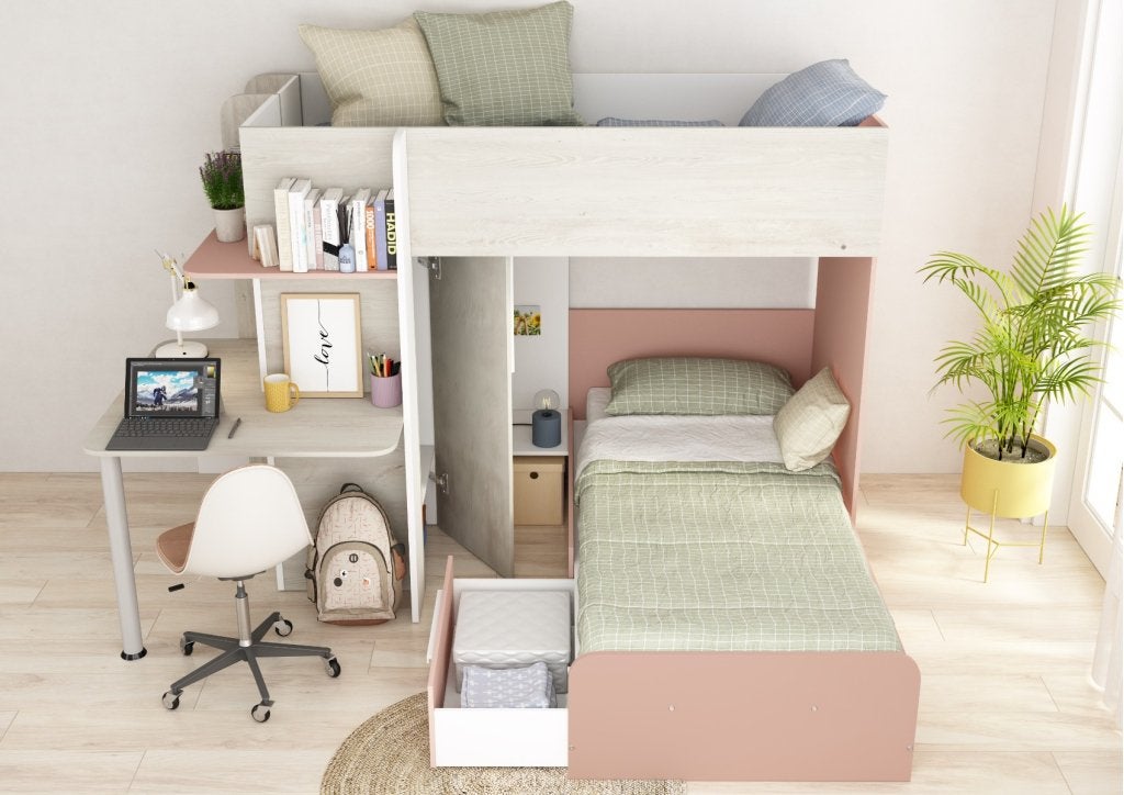 Palatino hoekstapelbed met bureau, kast en lade - 90x190 - W, Niet ingevuld, Niet ingevuld, Niet ingevuld