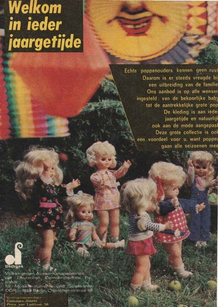 Retro reclame 1970 Demusa speelgoed poppen looppop, Verzenden, Overige typen