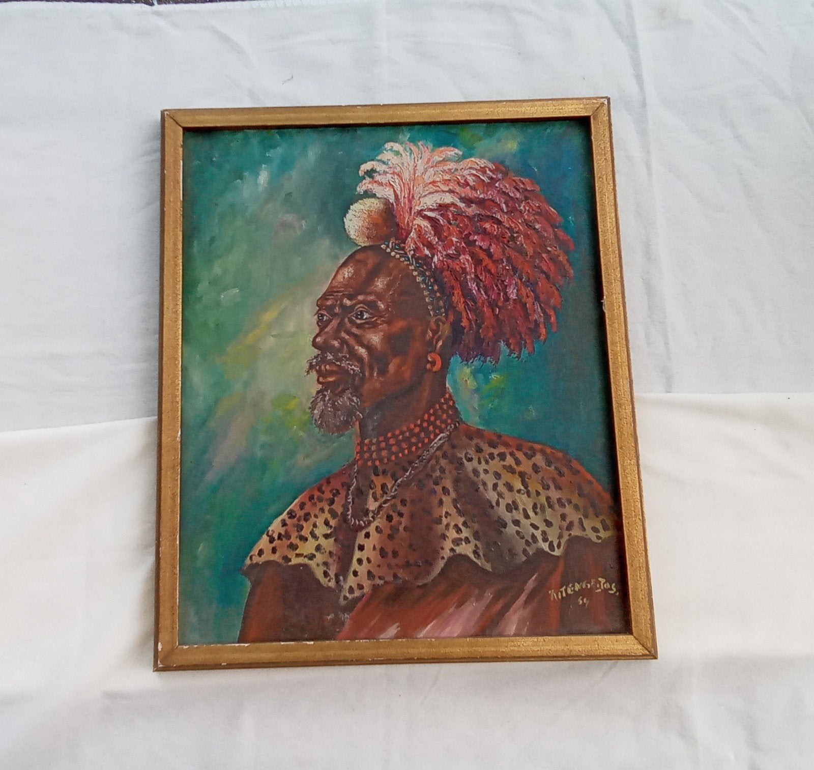Mooi Afrikaans schilderij van het dorpshoofd, Antiek en Kunst, Kunst | Niet-Westerse kunst, Ophalen, Schilderij, Afrika, Overige materialen