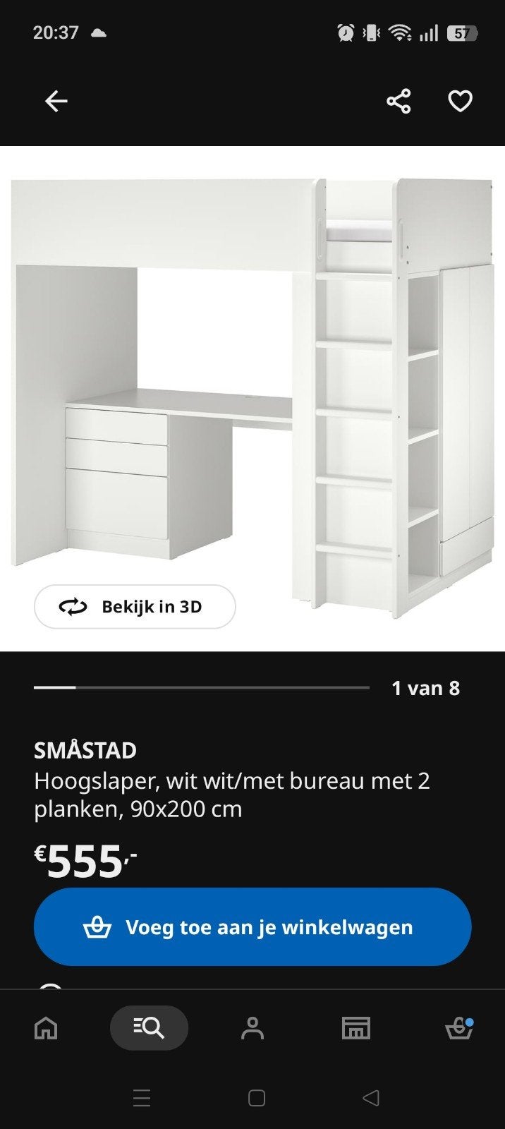 SMÅSTAD Hoogslaper wit met bureau en planken, Ophalen