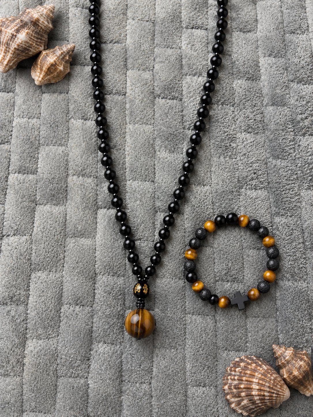 NIEUW: Kralenketting en Armband Set - Tijgeroog & Lava Steen, Sieraden, Tassen en Uiterlijk, Met hanger, Zwart, Nieuw, Ophalen of Verzenden