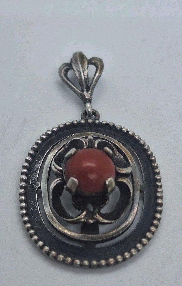 Antieke zilveren 835 bloedkoraal hanger, ruim 4 cm, Sieraden, Tassen en Uiterlijk, Ophalen of Verzenden, Zilver, Hanger, Met edelsteen