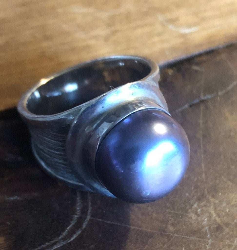 Zware handgemaakte zilveren ring uit Bali met parel, Gebruikt, Ophalen of Verzenden, Dame, Met parel