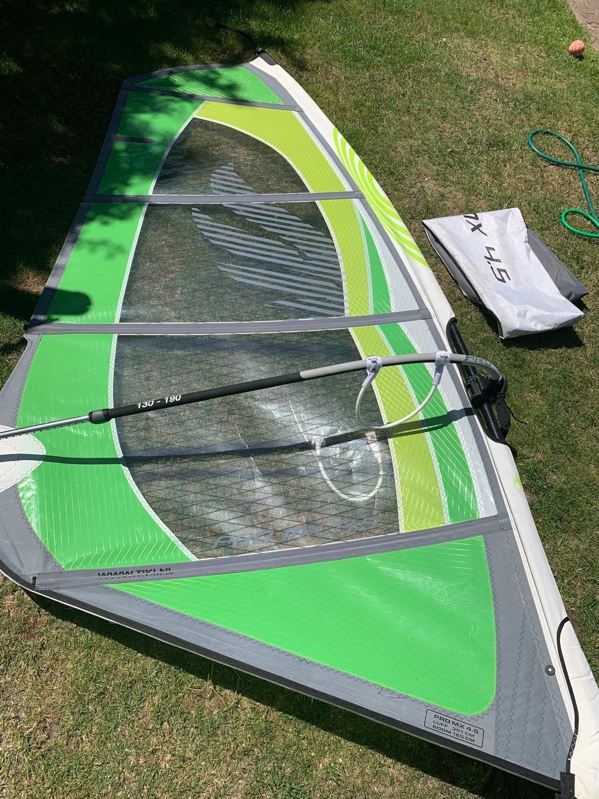 Windsurfzeil Pro MX 4.5 m² met giek, mast, maatvoet en tas, Ophalen, 3.5 tot 5 m², Prolimit, Met mast