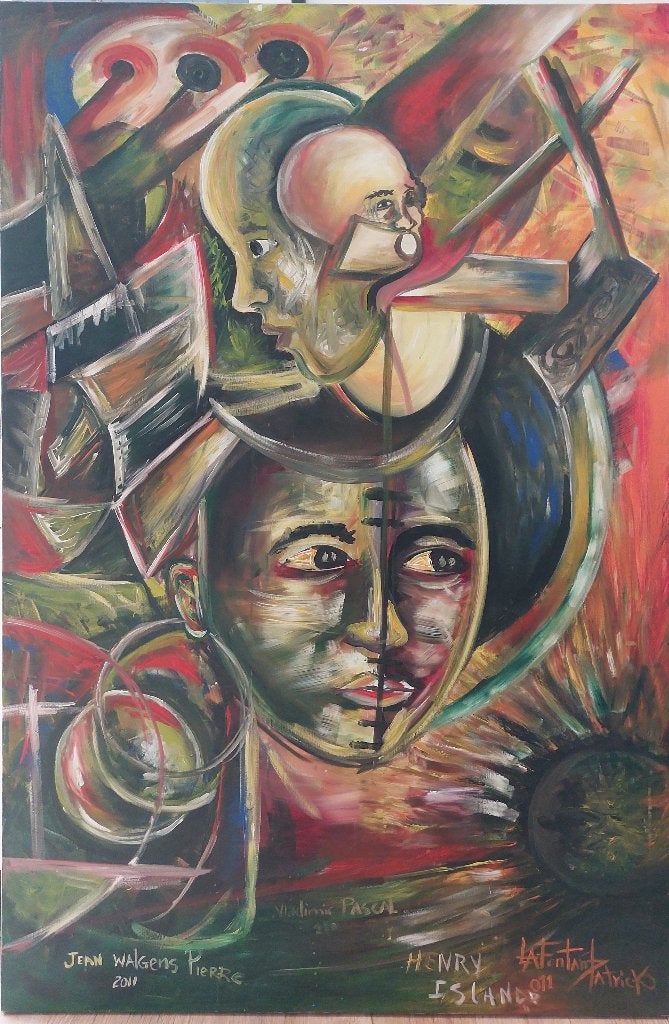 Schilderij Haïti, Antiek en Kunst, Kunst | Schilderijen | Modern, Ophalen, Op houten frame, Textiel, Figuren