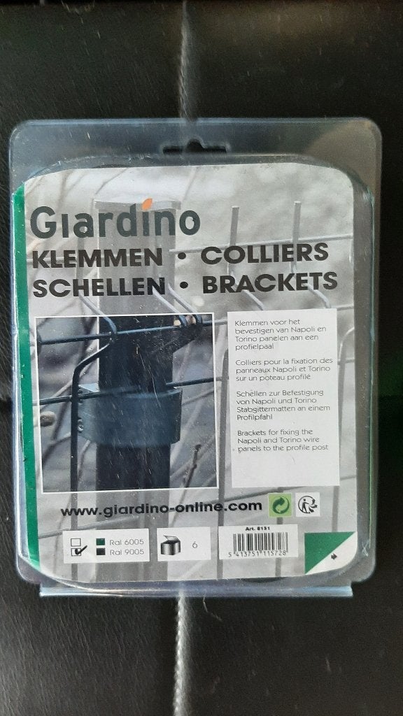 4 bevestigingsklemmen Giardino voor gaas of hekwerk aan paal, Tuin en Terras, Gaas en Draad, Ophalen, Nieuw, Minder dan 10 meter