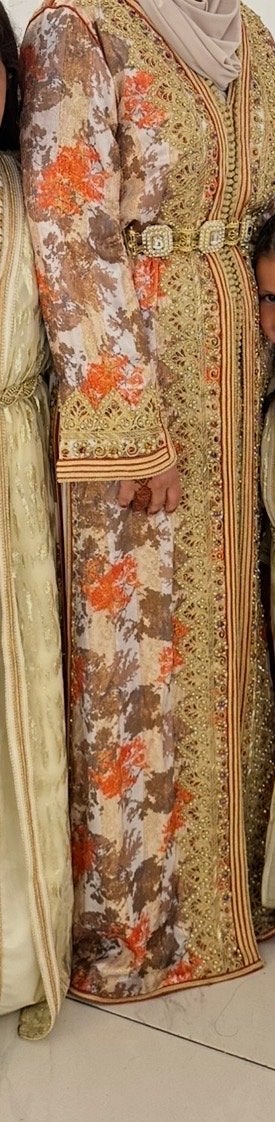 Prachtige Marokkaanse Caftan - Oranje/Goud Bloemmotief, Kleding | Dames, Gelegenheidskleding, Maat 38/40 (M), Overige typen, Oranje