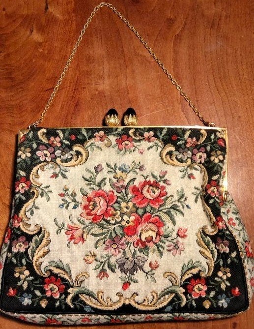 Vintage Frans Gobelin Avondtasje met Bloemenpatroon, Sieraden, Tassen en Uiterlijk, Ophalen of Verzenden, Gebruikt, Zwart, Avondtasje