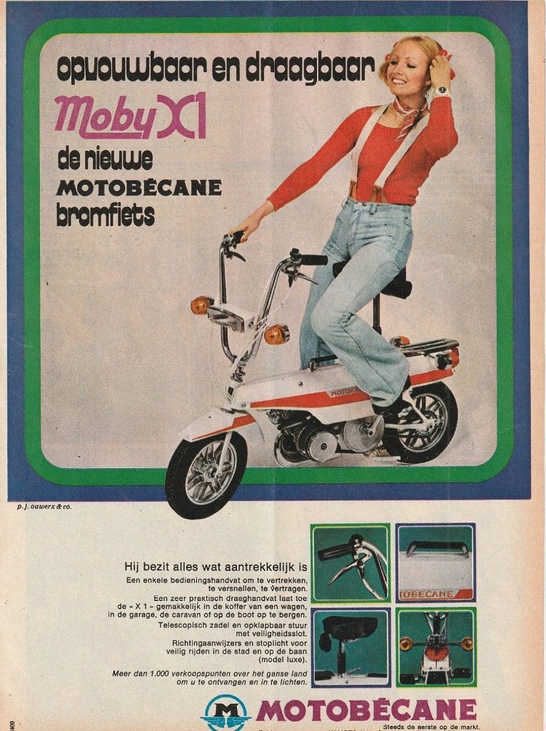 Retro reclame 1976 Motobécane brommer opvouwbaar, Verzamelen, Verzenden, Overige typen