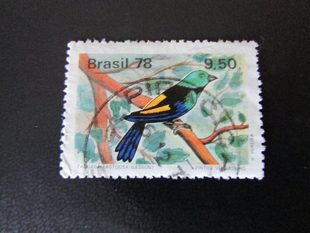 Postzegel Vogel: 7-Kleurige Tangare uit Brazilië, Ophalen of Verzenden, Gestempeld, Dier of Natuur