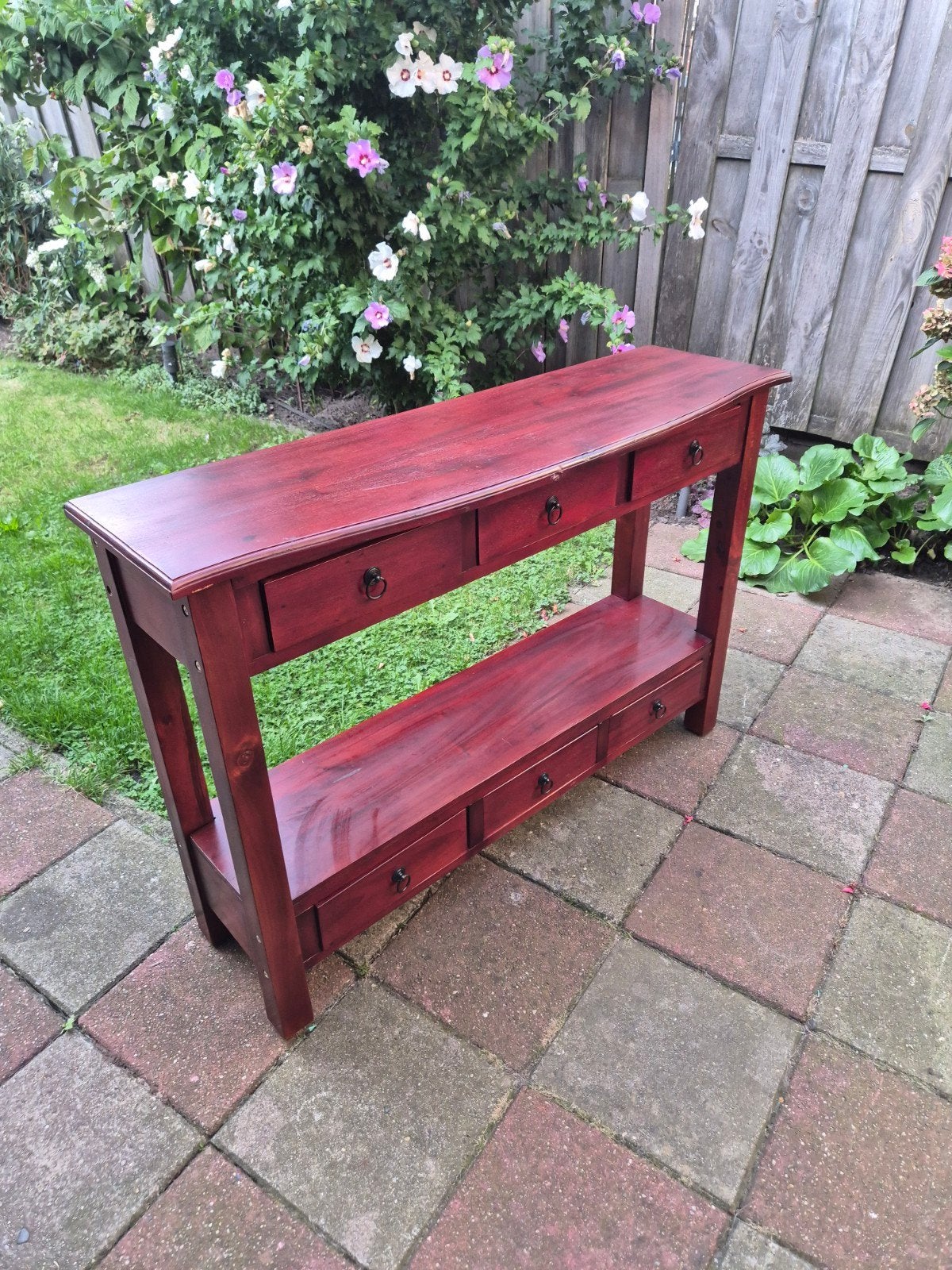 Sidetable/haltafel met lades - roodbruin hout, Ophalen, Gebruikt, 100 tot 150 cm, Klassiek, Landelijk