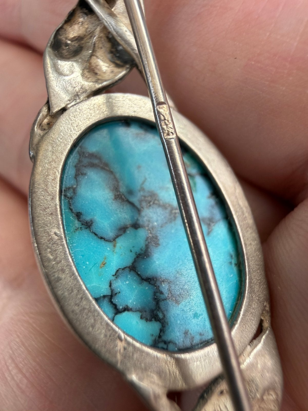 R374/Zilveren ( NAVAJO) Broche met Turkooizen Steen, 4 tot 7 cm, Gebruikt, Verzenden, X