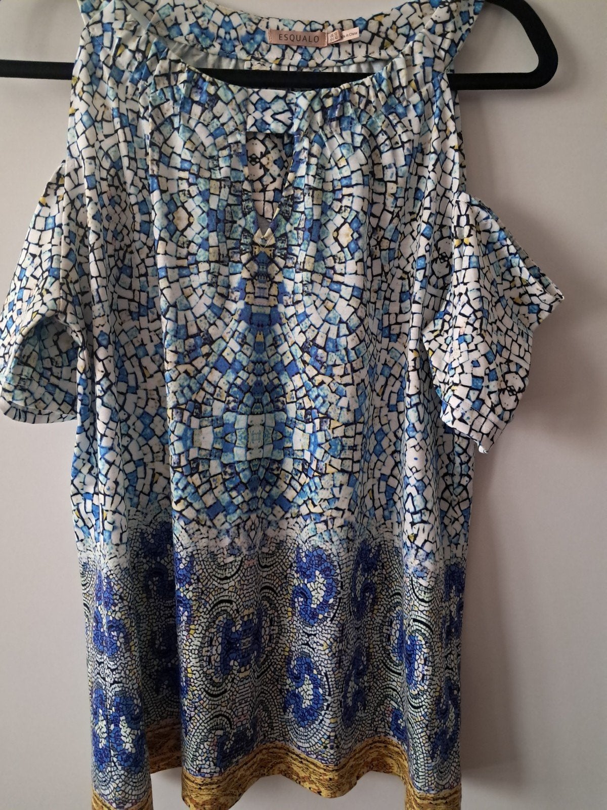 Esqualo top met mozaïekprint en open schouders, Blauw, Maat 42/44 (L), Esqualo, Ophalen of Verzenden