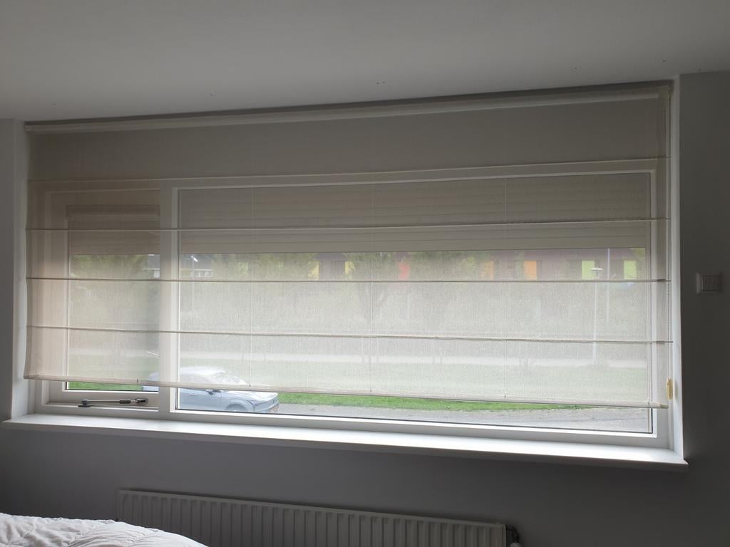3x Lichtdoorlatende vouwgordijnen, crème/beige, 150x150cm, Ophalen, Crème, Gebruikt, Modern, Lichtdoorlatend