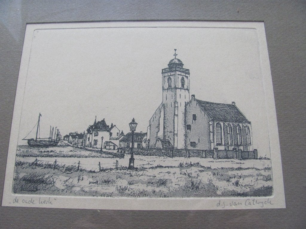 Ets van D.J. van Catwijck - de oude kerk van Katwijk, Ingelijst, Stadsgezicht, Ophalen of Verzenden, 1950 - 1999