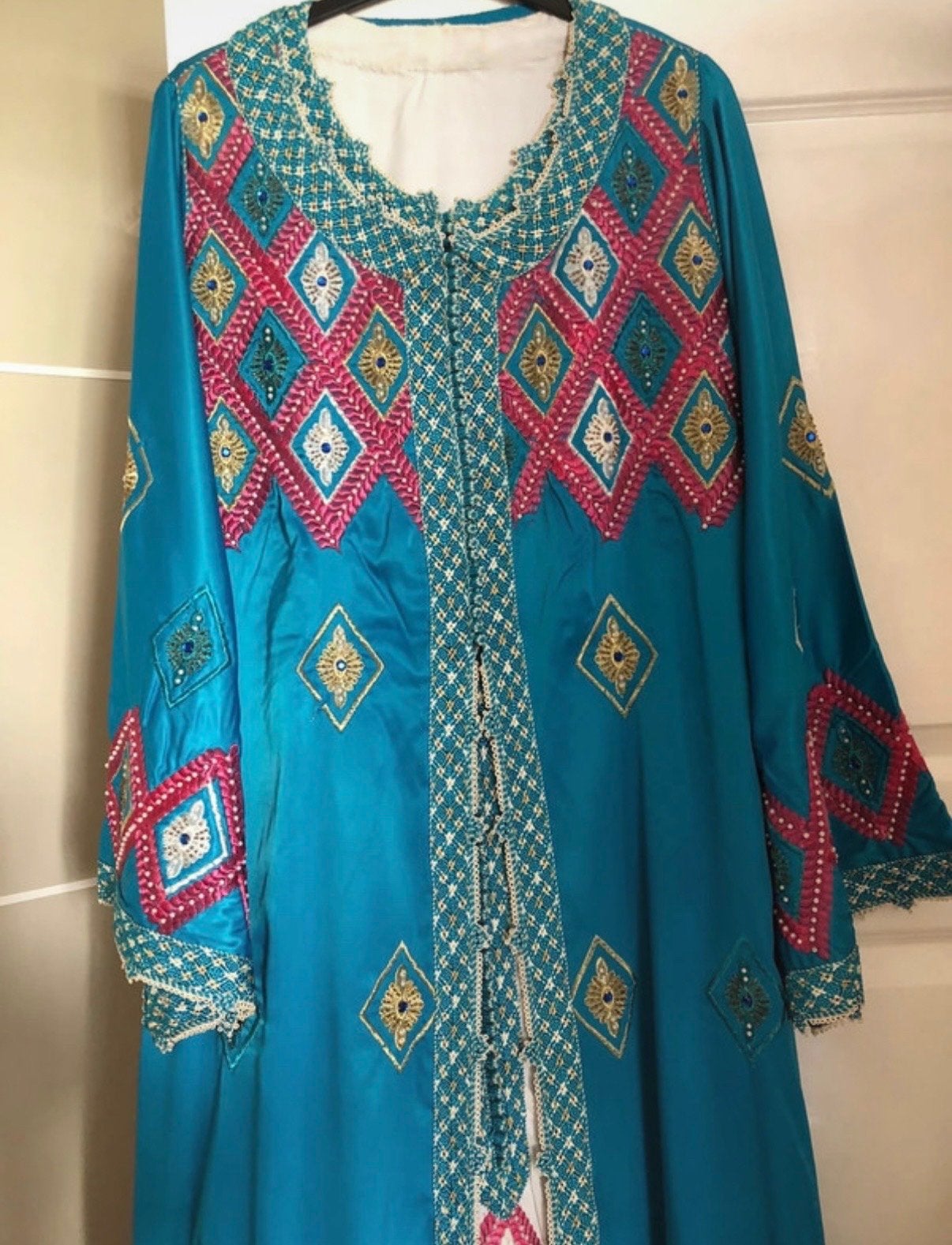 Prachtige turquoise kaftan met borduursels, Overige typen, Maat 46/48 (XL) of groter, Zo goed als nieuw, Verzenden