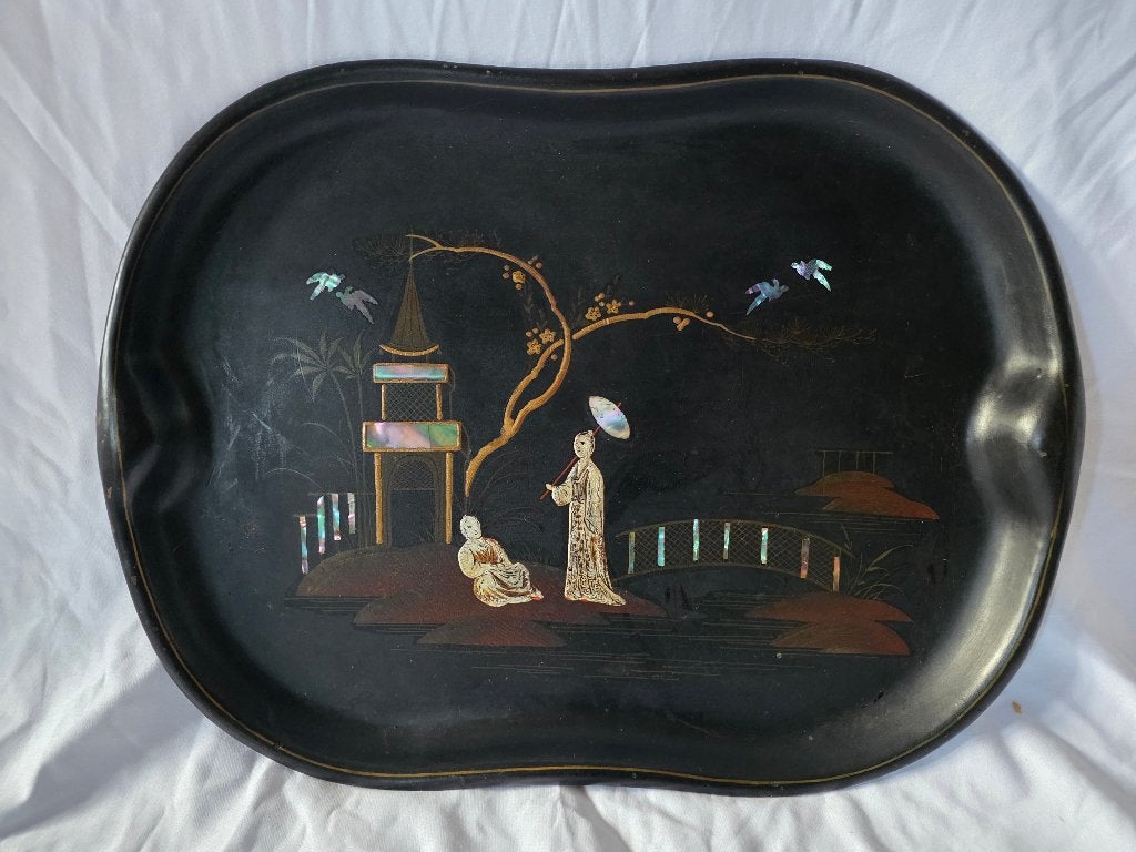 Antiek metalen dienblad met ingelegd parelmoer, Ophalen