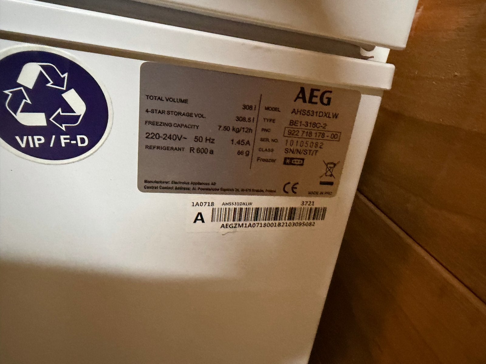 AEG AHS531DXLW Vrieskist - Zo goed als nieuw, Witgoed en Apparatuur, Vrieskist, Bbbb, Zo goed als nieuw, Vrijstaand