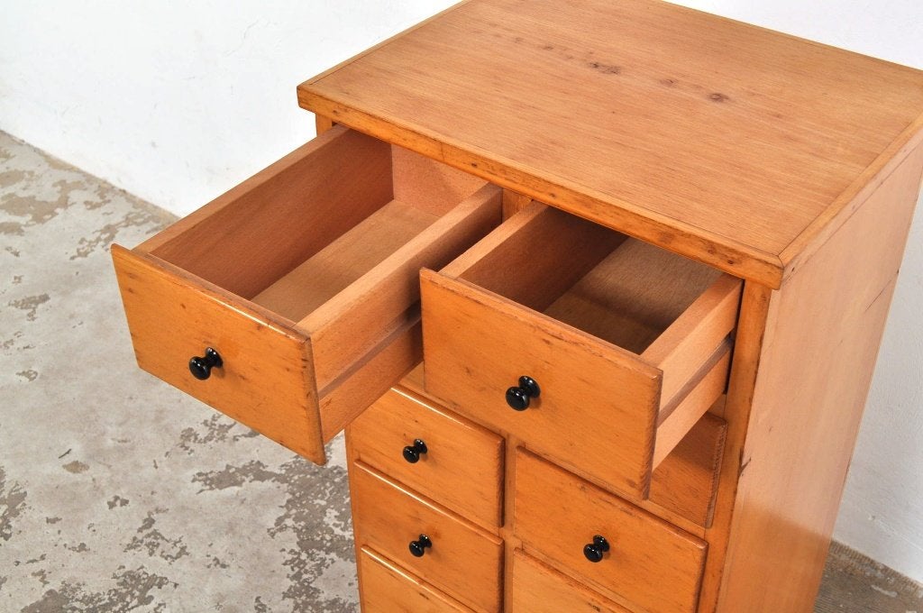 Vintage beukenhouten ladekast schoolkast kastje jaren 50, Minder dan 50 cm, Gebruikt, 5 laden of meer, Ophalen of Verzenden