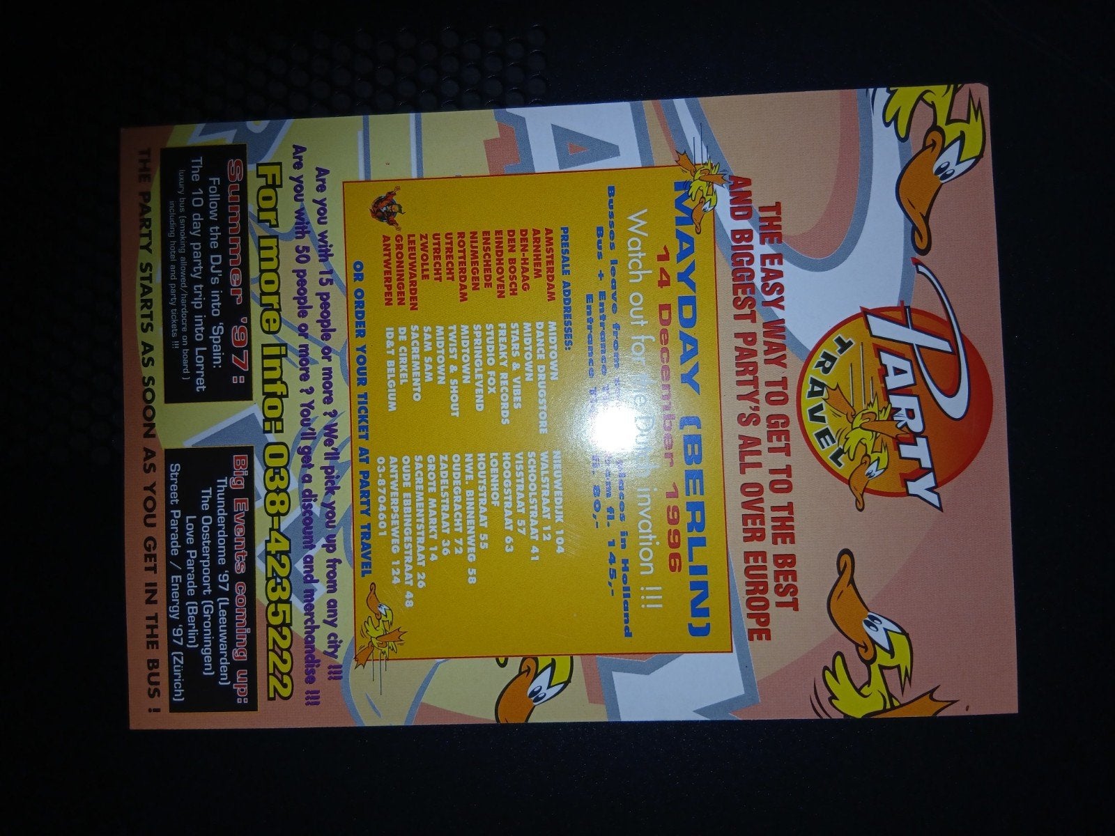 Thunderdome '96 Party travel flyer in perfecte staat. Id&t, Ophalen of Verzenden, Zo goed als nieuw, Foto of Kaart