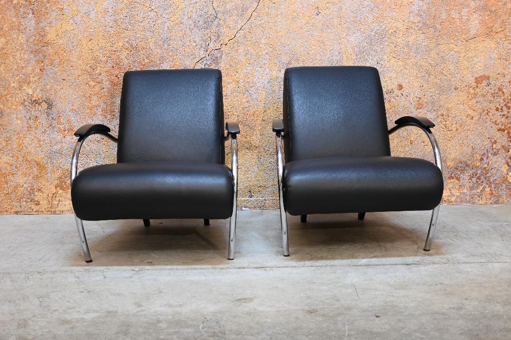 ZGANieuw! 2 zwarte leren Gelderland 5470 design fauteuils, Leer, 75 tot 100 cm, Zo goed als nieuw, Gelderland