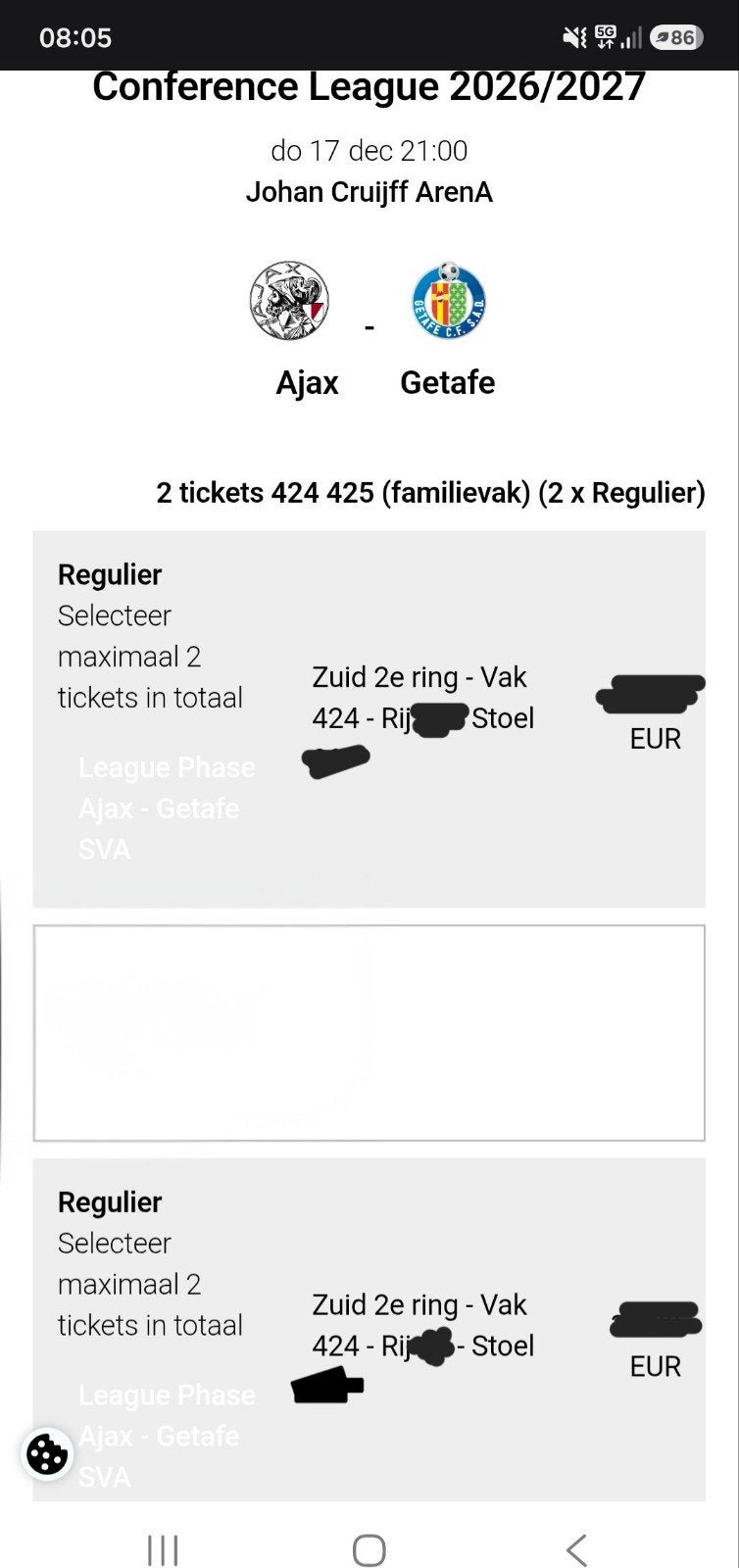 Ajax - Getafe 2 Tickets naast elkaar Vak424, Losse kaart, Twee personen, December, Europa of Champions League