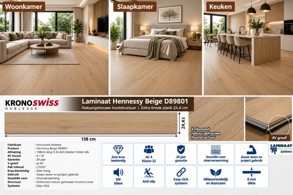Laminaat Hennessy Beige 8mm dik 24cm brede €13,95p/m2, 75 m² of meer, Nieuw, Ophalen of Verzenden, XL Laminaat vloer 24cm breed - Natuur eiken