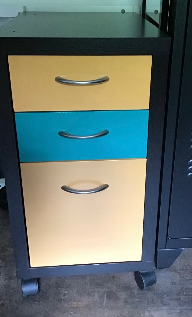 Ladenkastje Zwart , Okergeel en Zeegroen Gewoon Een Bod Doen, Huis en Inrichting, Ophalen, Minder dan 50 cm, Gebruikt, 3 of 4 laden