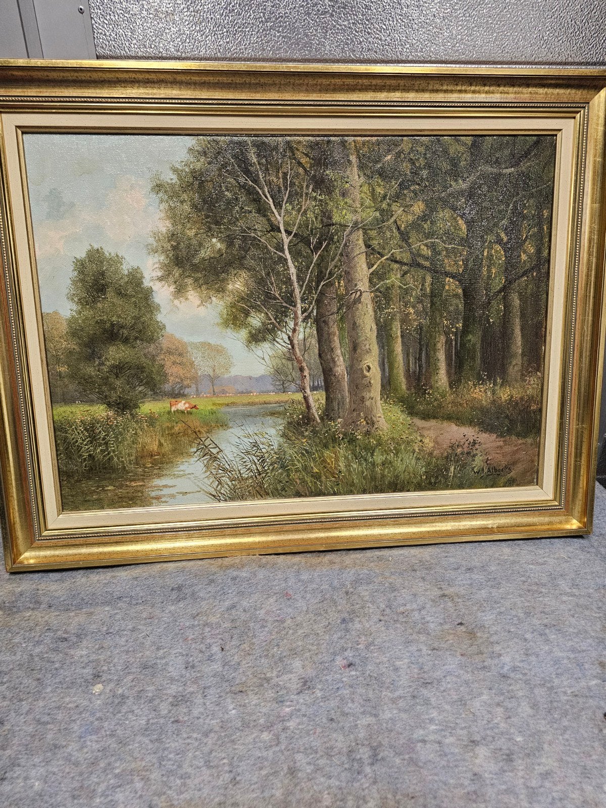 Schilderij W.J. Alberts - Landschap met water en bomen, Antiek en Kunst, Kunst | Schilderijen | Klassiek, Doek, Realistisch, Origineel werk