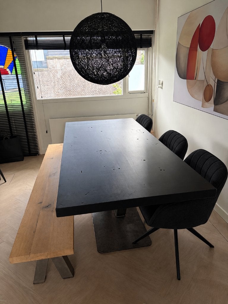 Industriële eettafel 220cm houtenbank 3zwarte velvet stoelen, Huis en Inrichting, Ophalen, Zo goed als nieuw, Industriële, 4 tot 6 stoelen