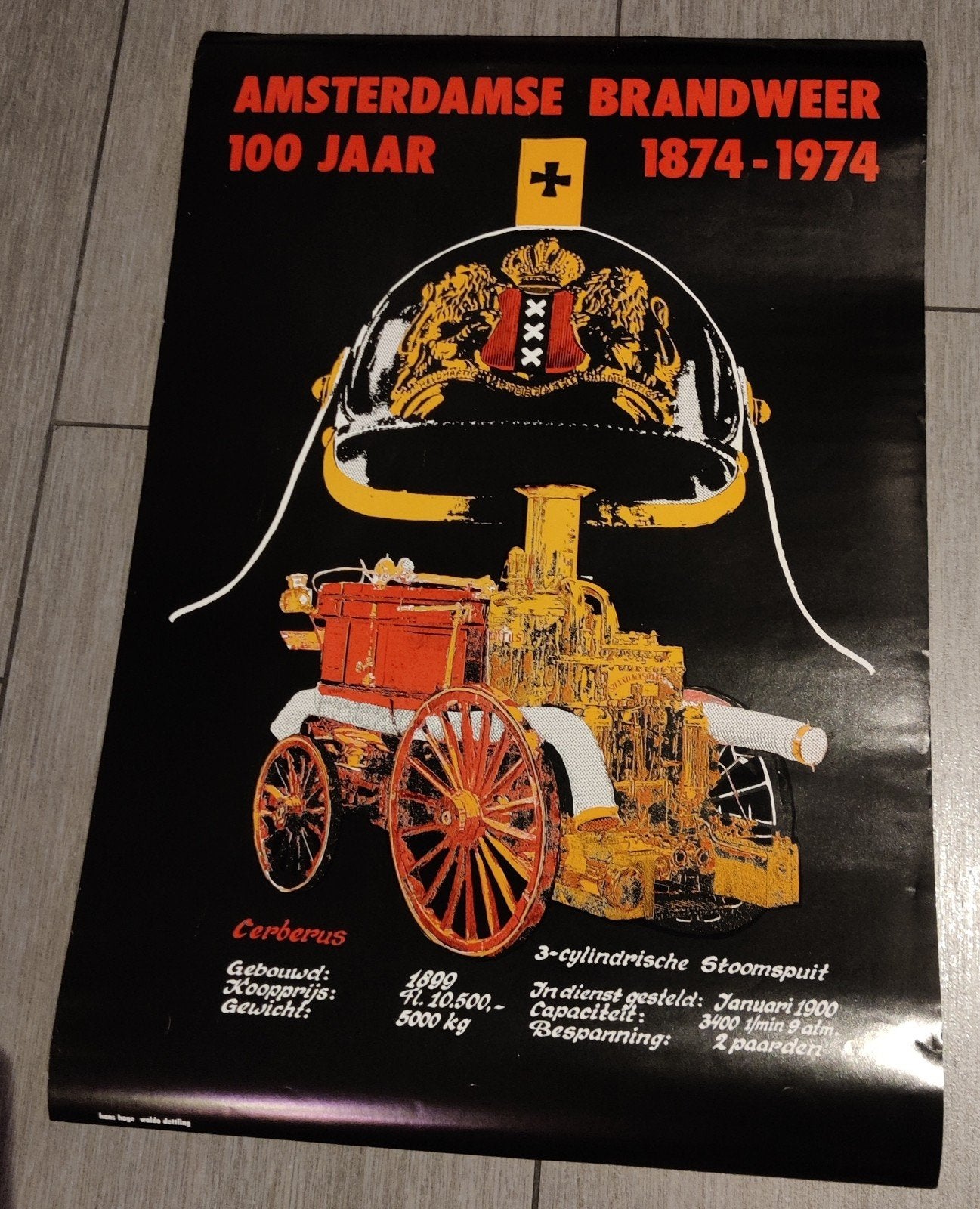 Poster 100 jaar Amsterdamse Brandweer 1874-1974, Verzamelen, Posters, Ophalen of Verzenden, Zo goed als nieuw