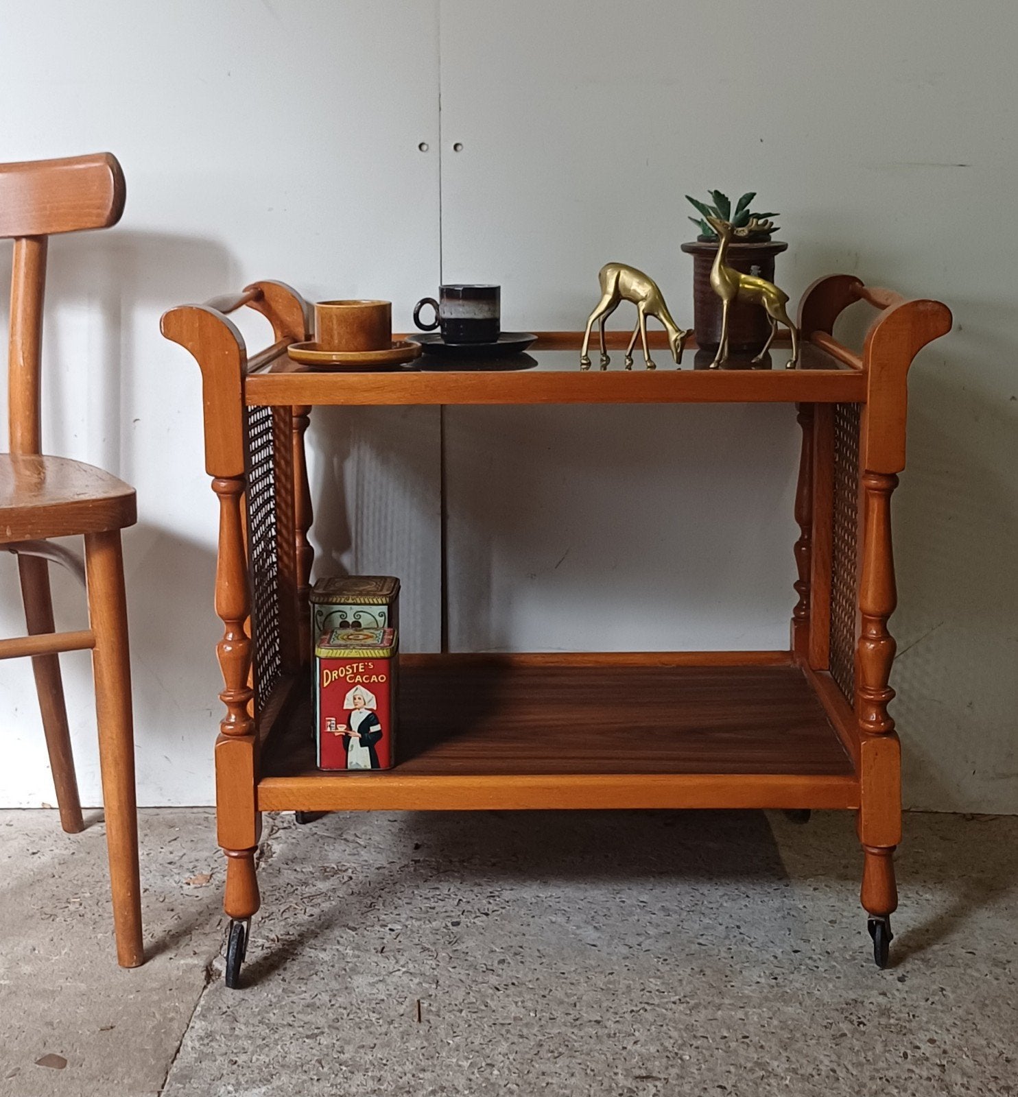 Vintage antiek houten serveer wagen,webbing, Huis en Inrichting, Ophalen, Rechthoekig, 60 cm of meer