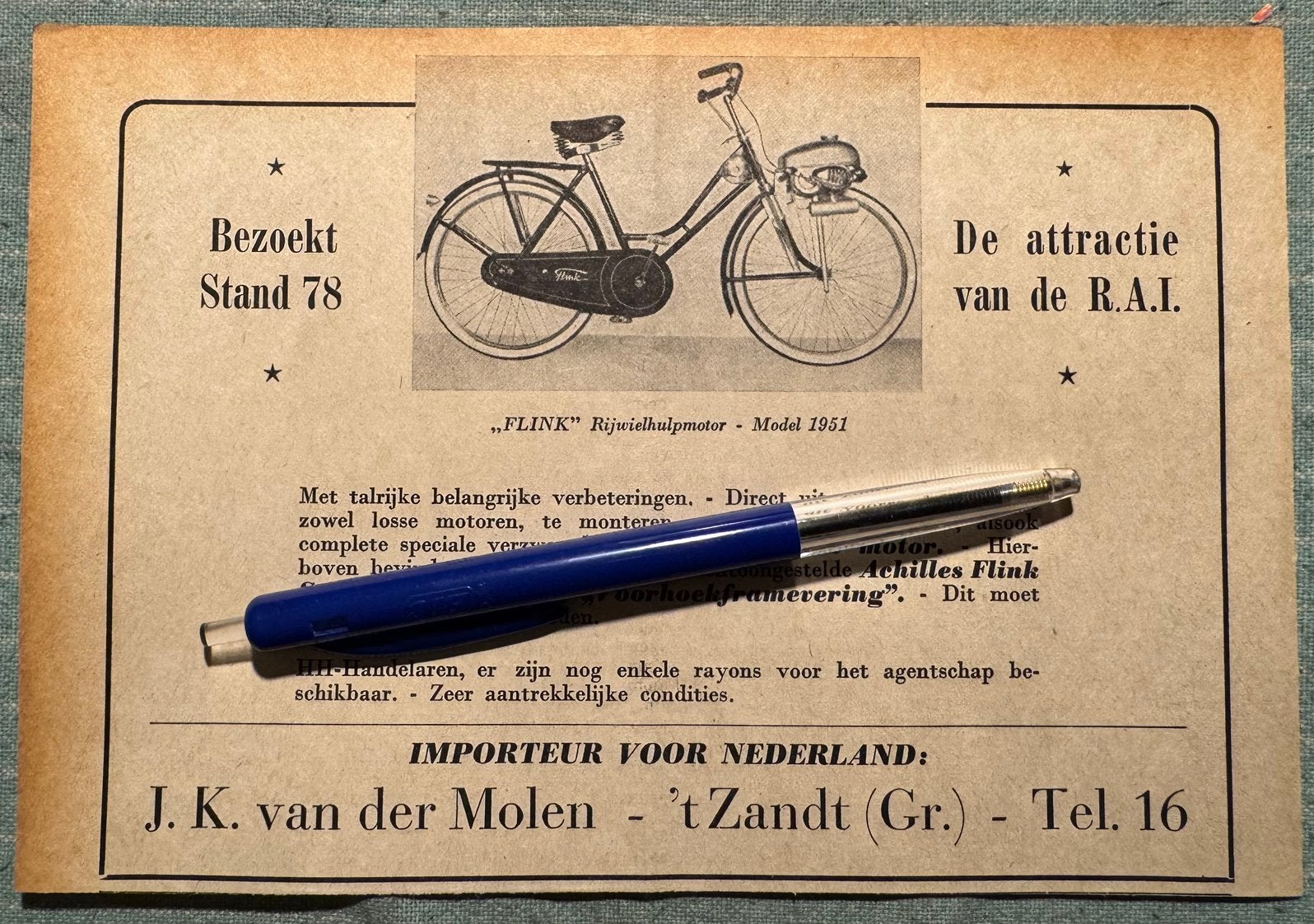 Advertentie Flink hulpmotor model 1951 RAI, Verzamelen, Verzenden, Zo goed als nieuw, Motoren