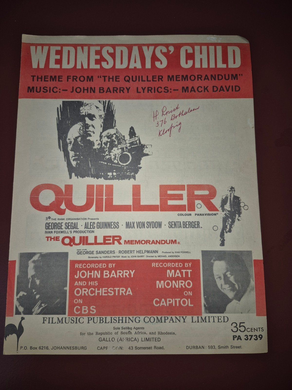 Wednesday's Child - The Quiller Memorandum bladmuziek, Piano, Gebruikt, Filmmuziek en Soundtracks, Ophalen of Verzenden
