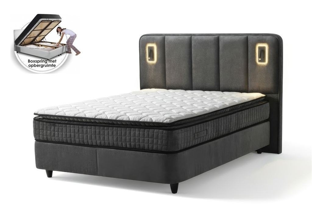 Boxspring Montana opbergbed teddy stof in antraciet kleur en, Ophalen, 180 cm, Grijs, Hout
