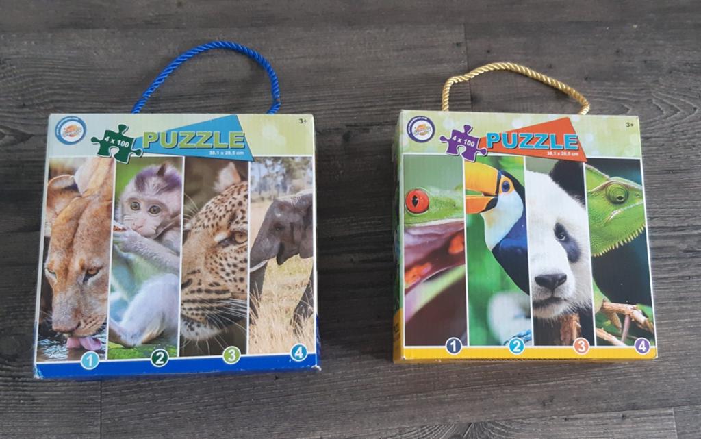 2x Dieren Puzzels van elk 4x100 stukjes, Ophalen of Verzenden, Meer dan 50 stukjes, Zo goed als nieuw