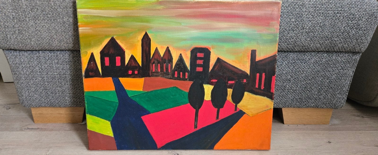 Kleurrijk Stadsgezicht Schilderij van Henk Vos, Handgeschilderd, Ophalen of Verzenden, Olieverf, Stadsgezicht
