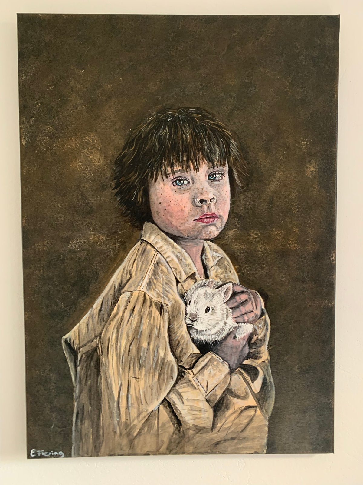 Acrylverf schilderij 'Kind met konijn' 50x70 cm, Acrylverf, Doek, Portret of Personen, Realistisch