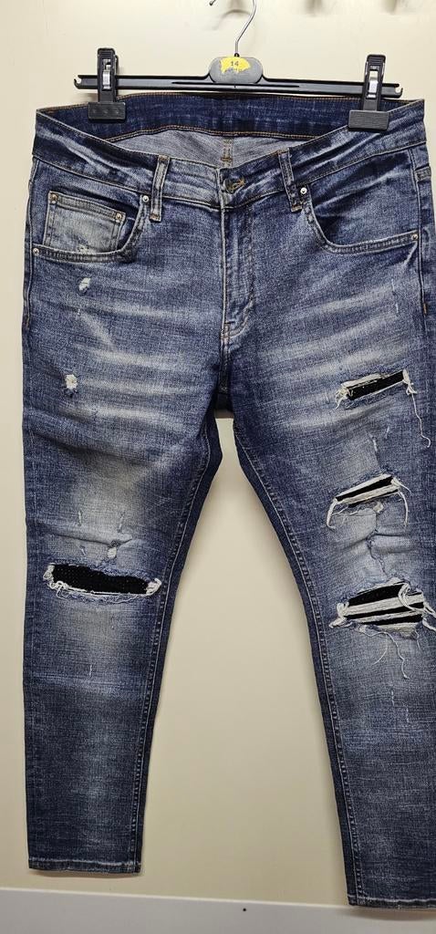 Amiri Jeans W33 Regular Fit met Glitter Steen Patches, Blauw, Ophalen of Verzenden, Zo goed als nieuw, W33 - W34 (confectie 48/50)