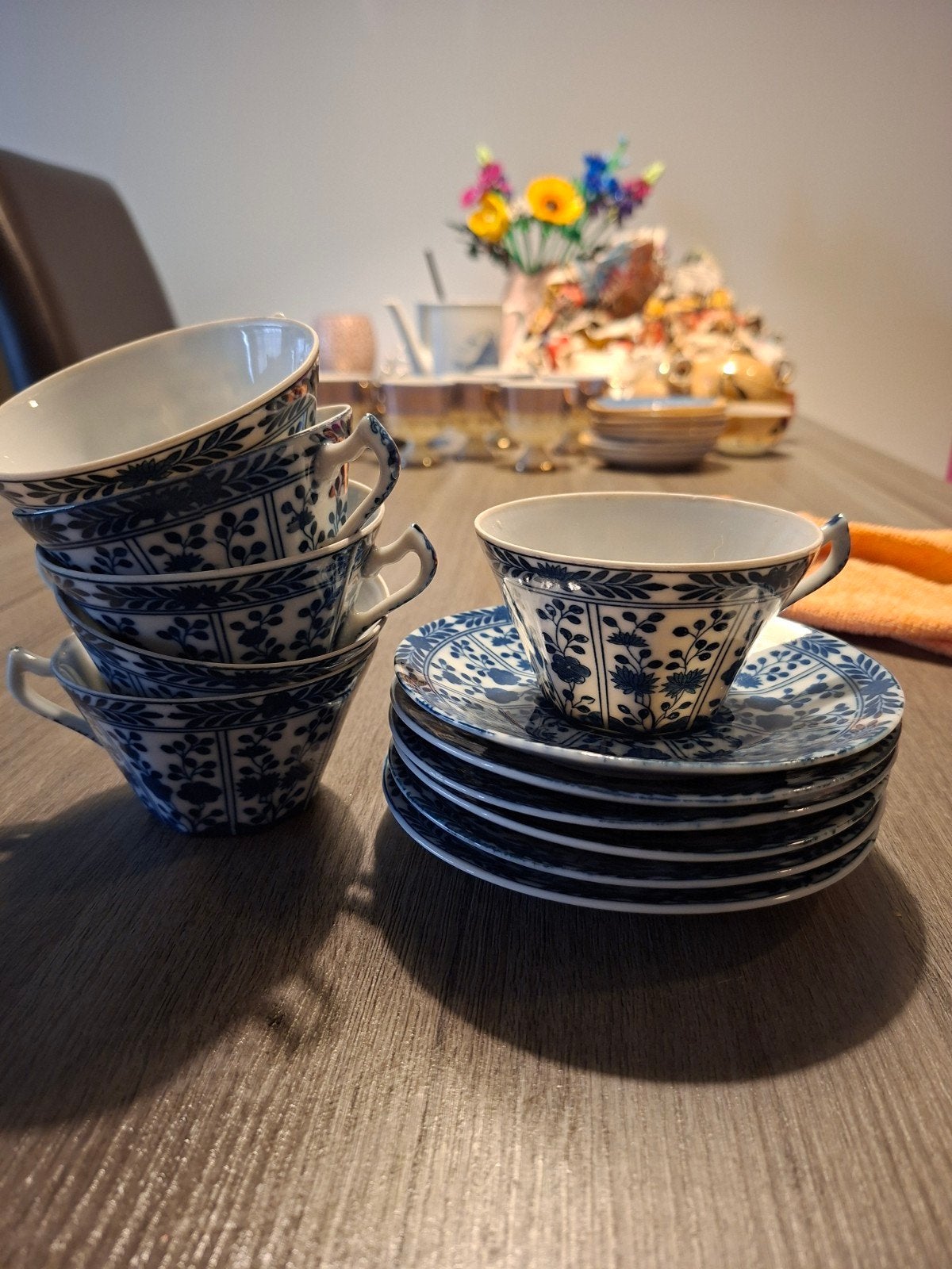 Vintage Delfts Blauw theeservies - 6 kopjes en schotels, Ophalen of Verzenden