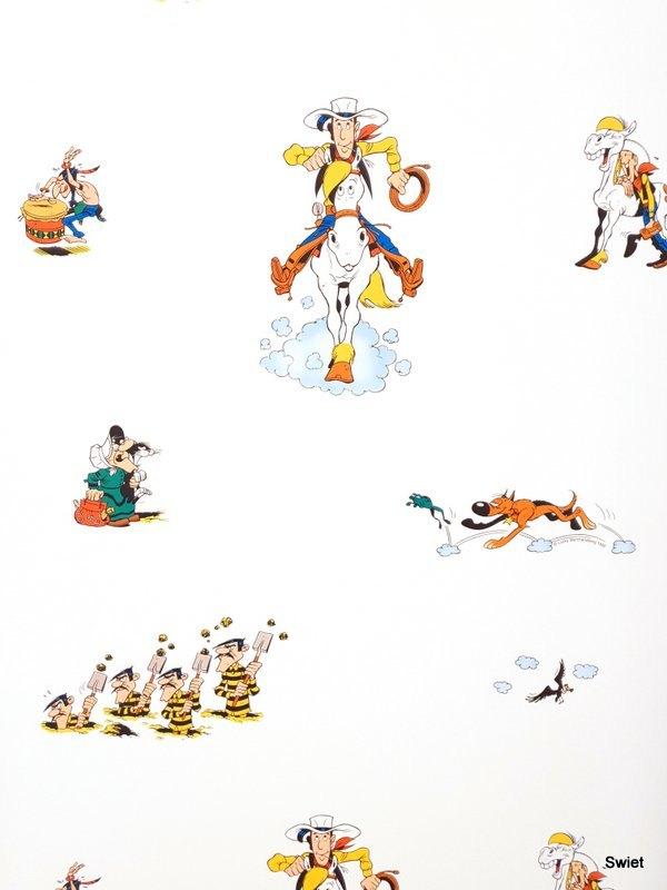 12846 Lucky Luke behang met Daltons op wit uit 1995 swiet, Huis en Inrichting, Verzenden, Minder dan 10 m², Rood