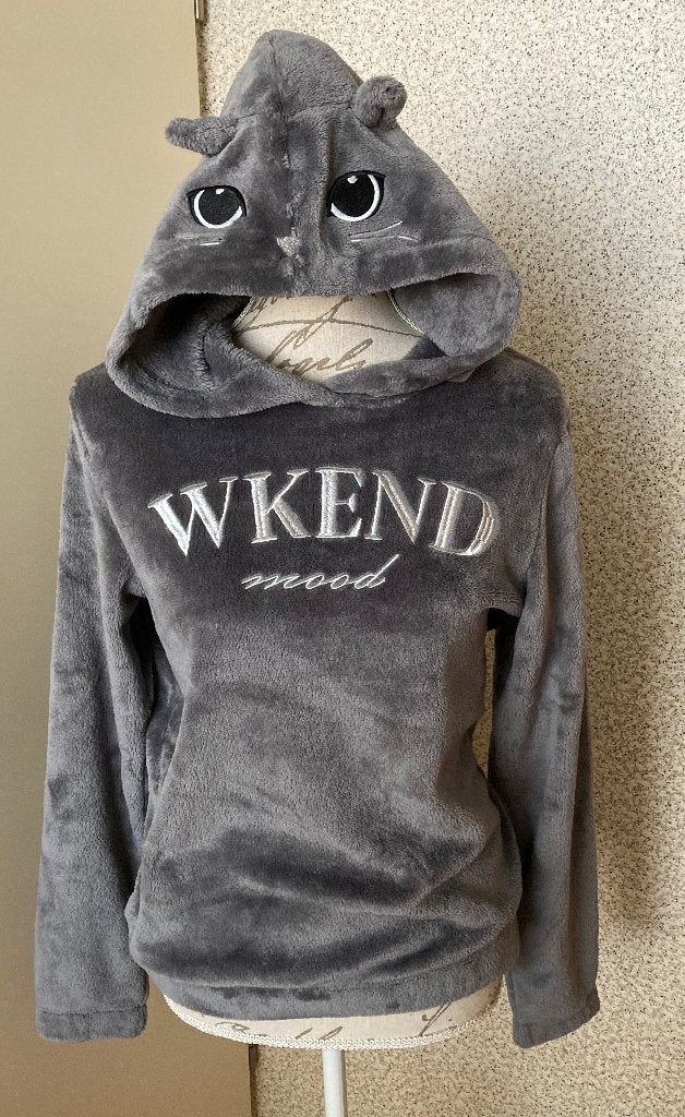 Grijs Teddy hoodie sweatshirt met kattenoortjes mt 170 H&M, Meisje, Trui of Vest, H&M, Ophalen of Verzenden