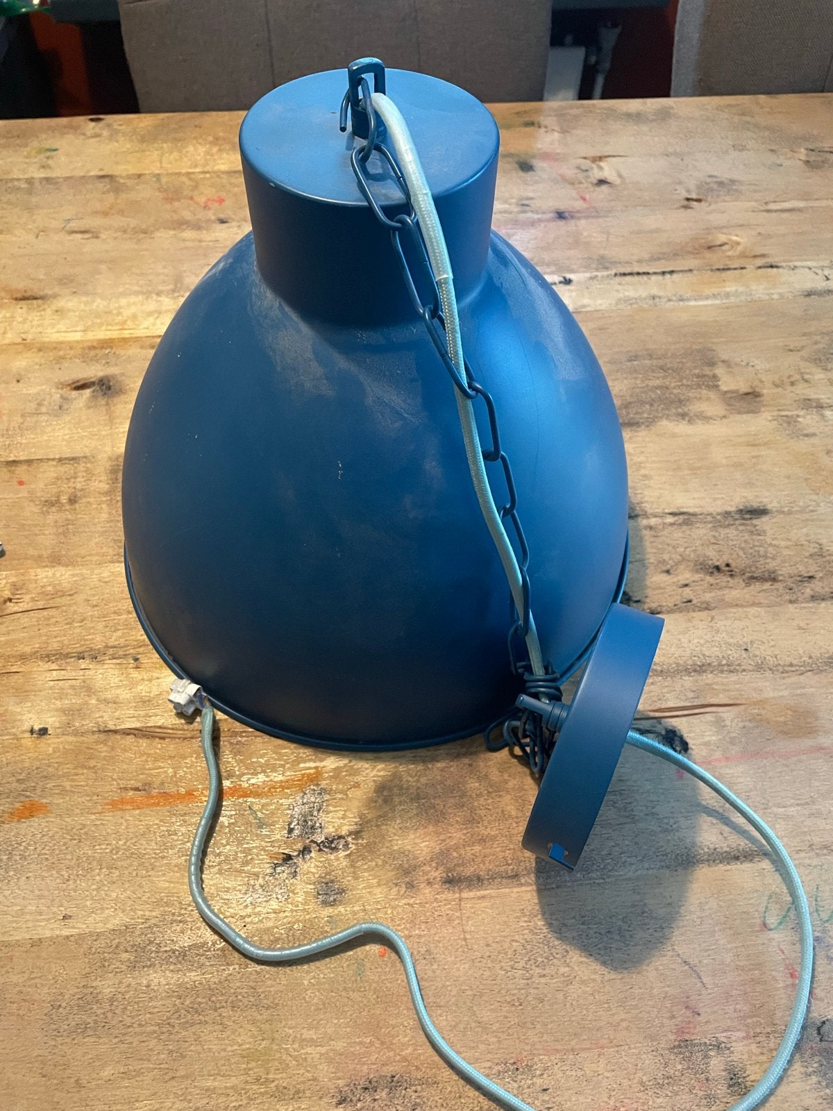 Blauwe plafondlamp - Industriële stijl, Ophalen, Gebruikt, Metaal, E27 (groot)