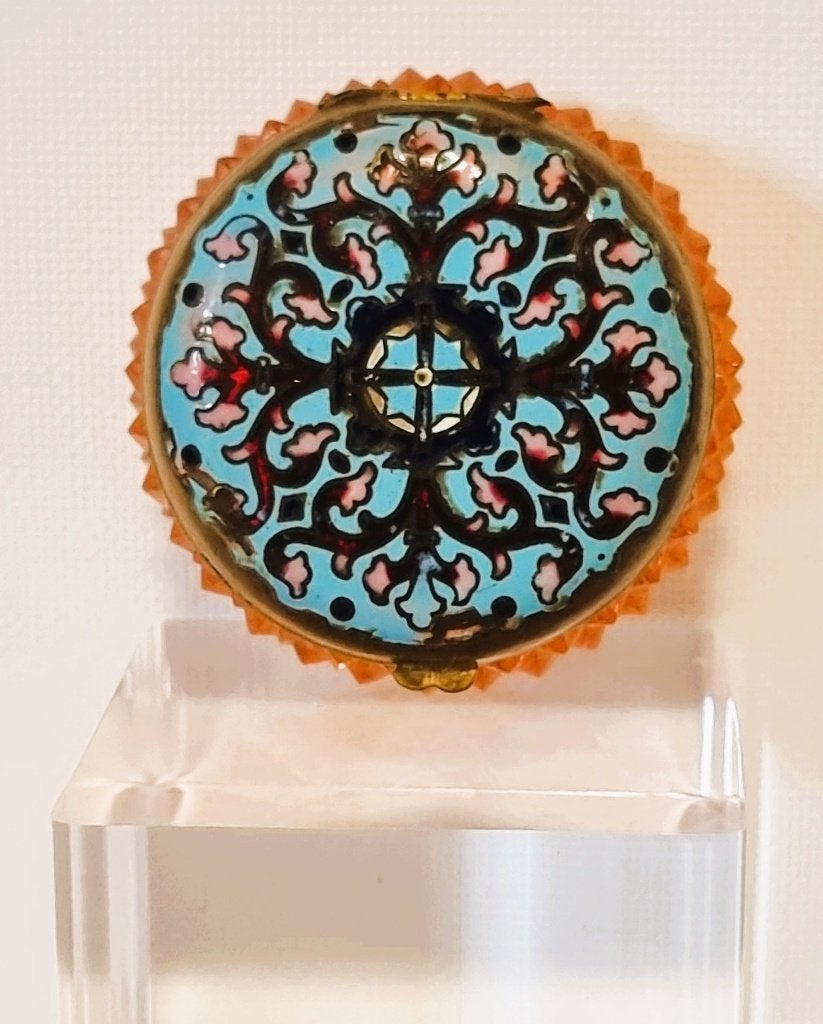 Napoleon III glazen potje met emaille deksel., Antiek en Kunst, Antiek | Glas en Kristal, Ophalen of Verzenden