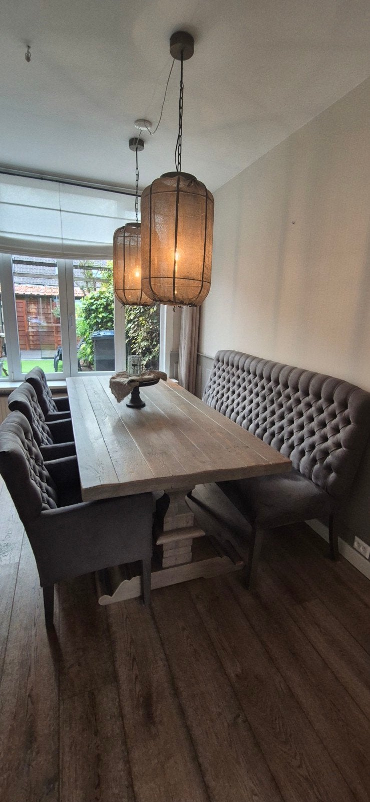 Landelijke kloostertafel 220 cm met 3 stoelen en bank