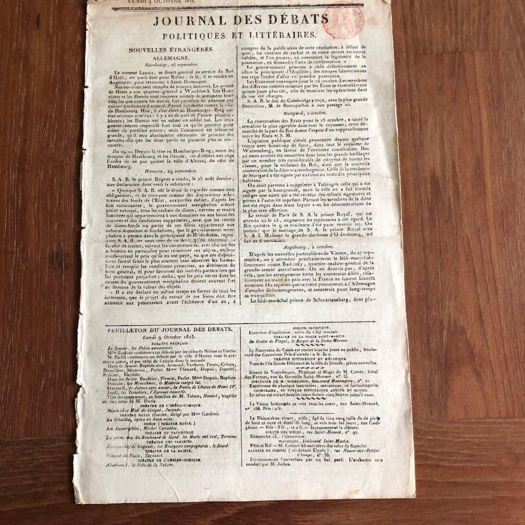 1815 en 1826 Twee Franse kranten. Resp. Journal des Débats, Verzenden, Gelezen, Europa